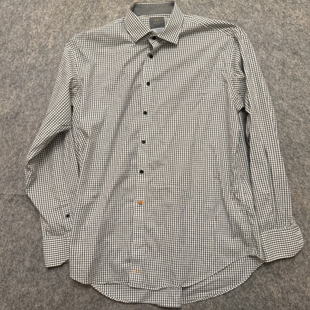 Thomas Dean Mens XL Shirt Black White Check Long Sleeve Button Up Cotton